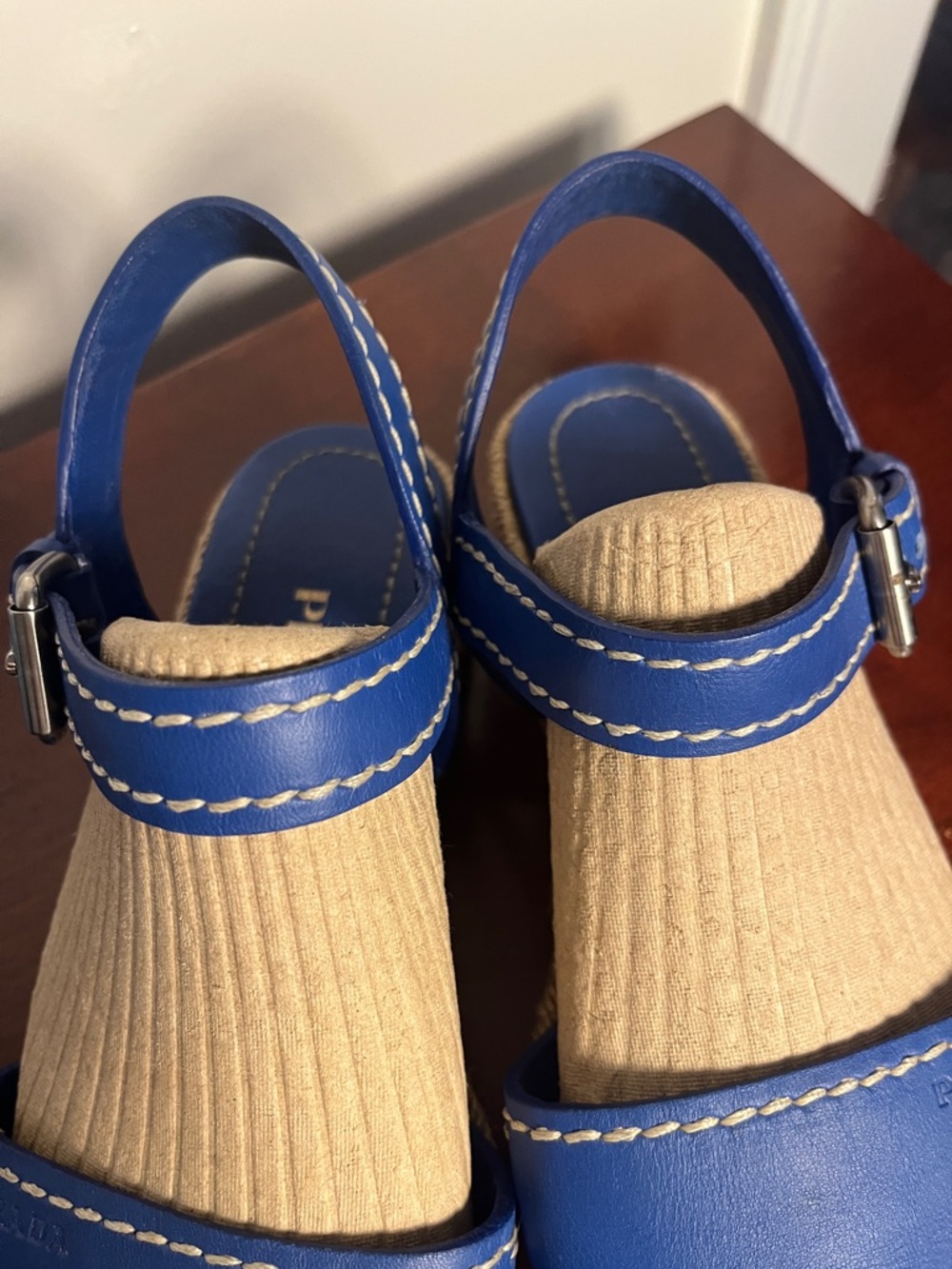 Prada Marine Blue Women’s Sandals with Braided Jute Sole Size 38 - Picture 10 of 12